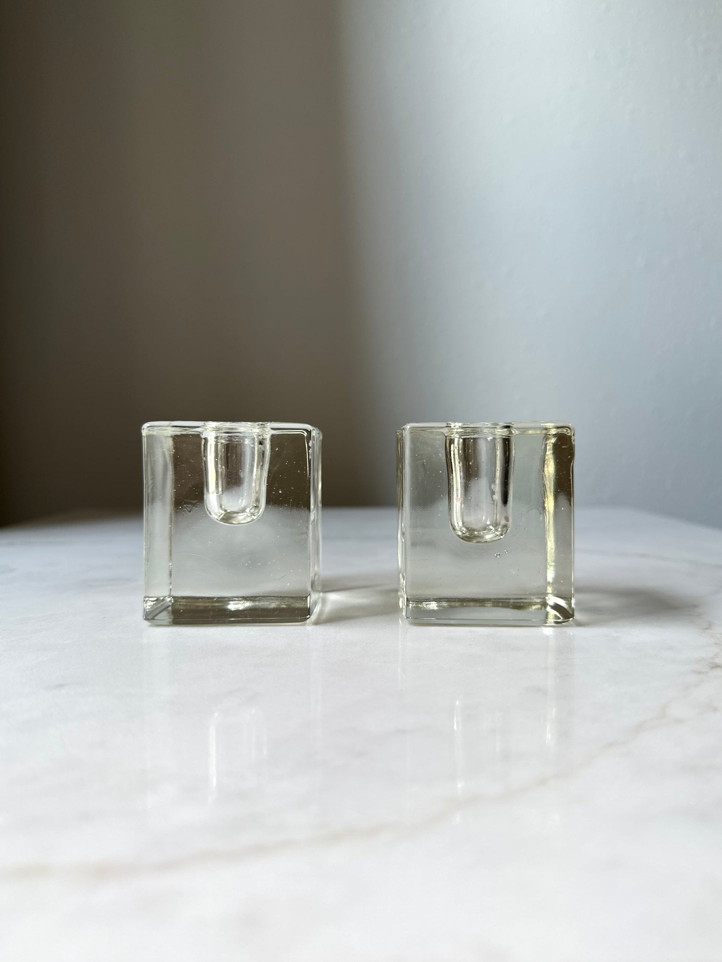 ‘Ice’ Cube Vintage Glass Candleholder Pair