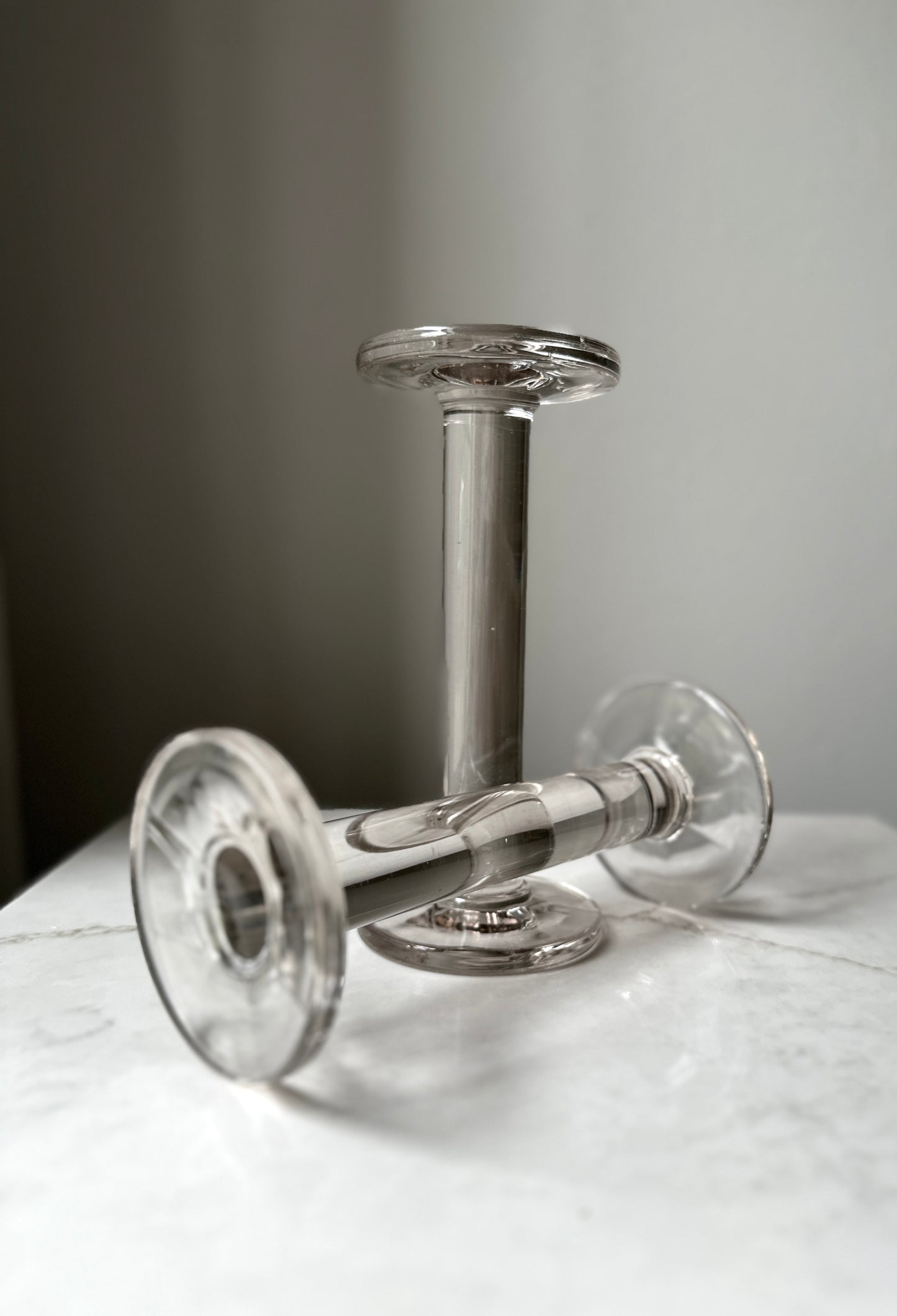 Glass Pedestal Pillar Pair, Mid-Century Candle Holders