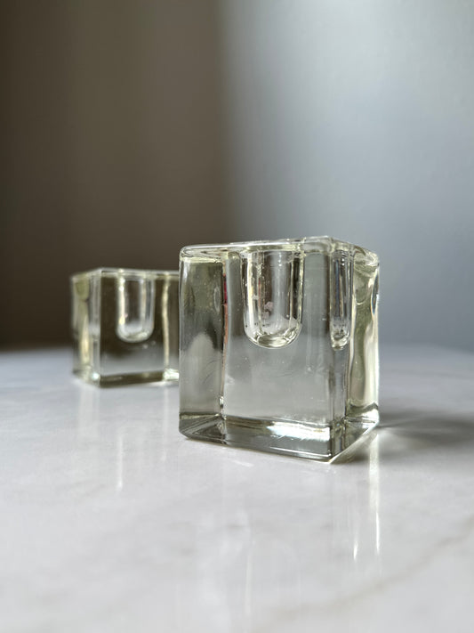 ‘Ice’ Cube Vintage Glass Candleholder Pair