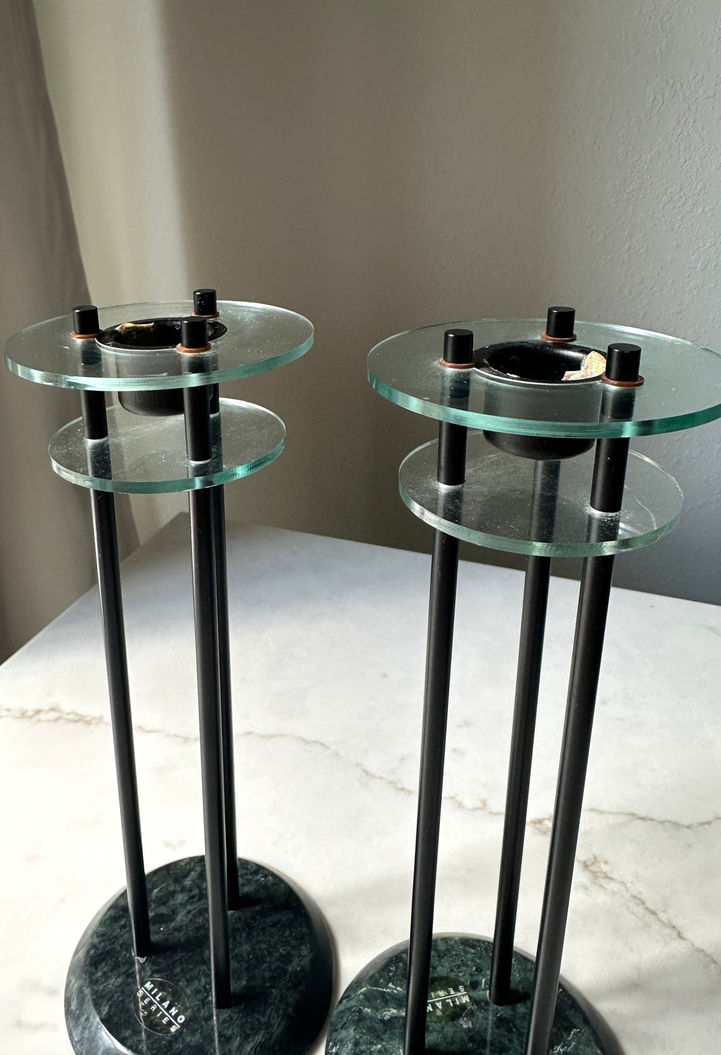 Postmodern Metal and Lucite Candleholders