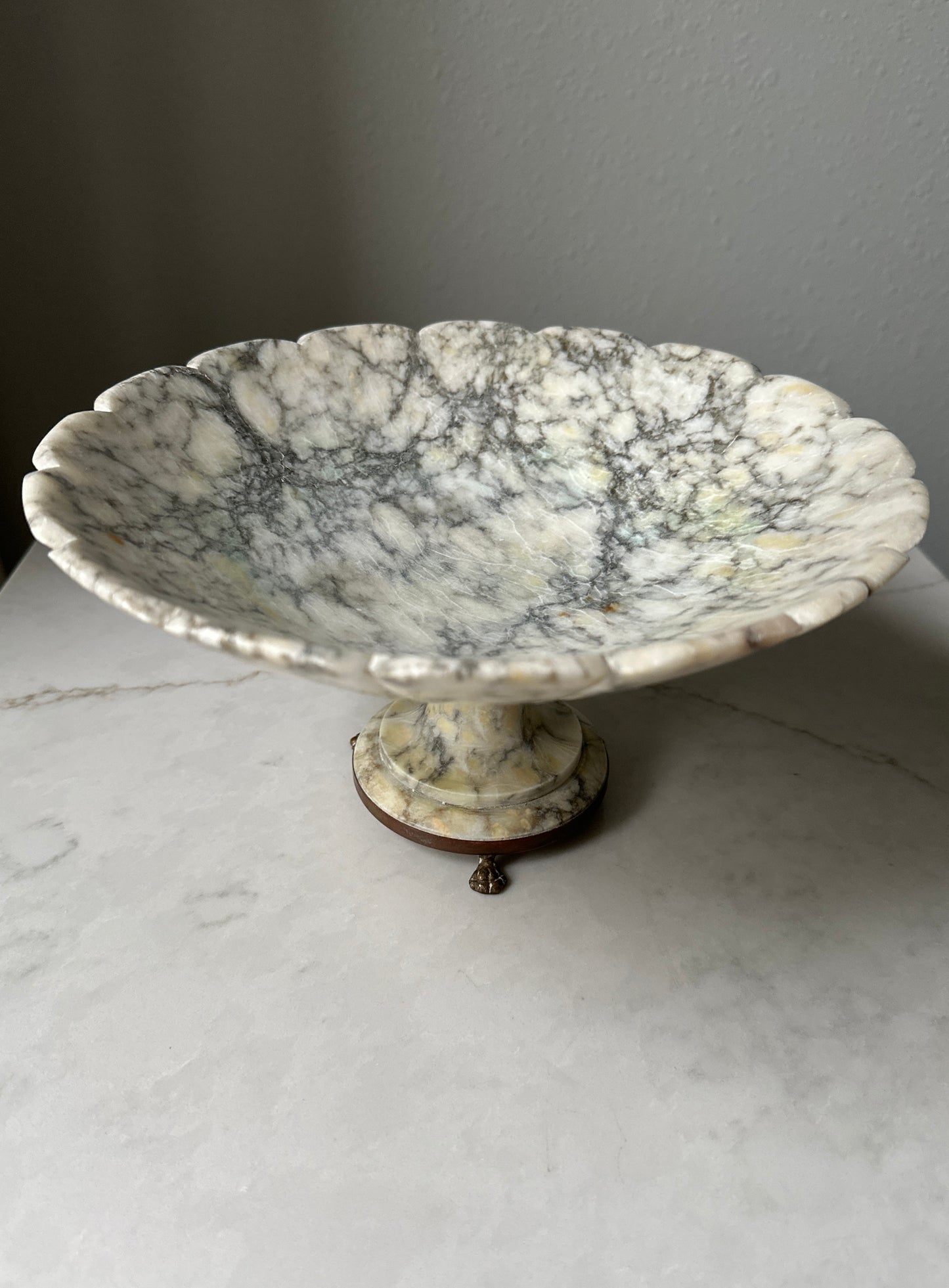 Antique Italian Alabaster Pedestal Compote Bowl with Brass Feet