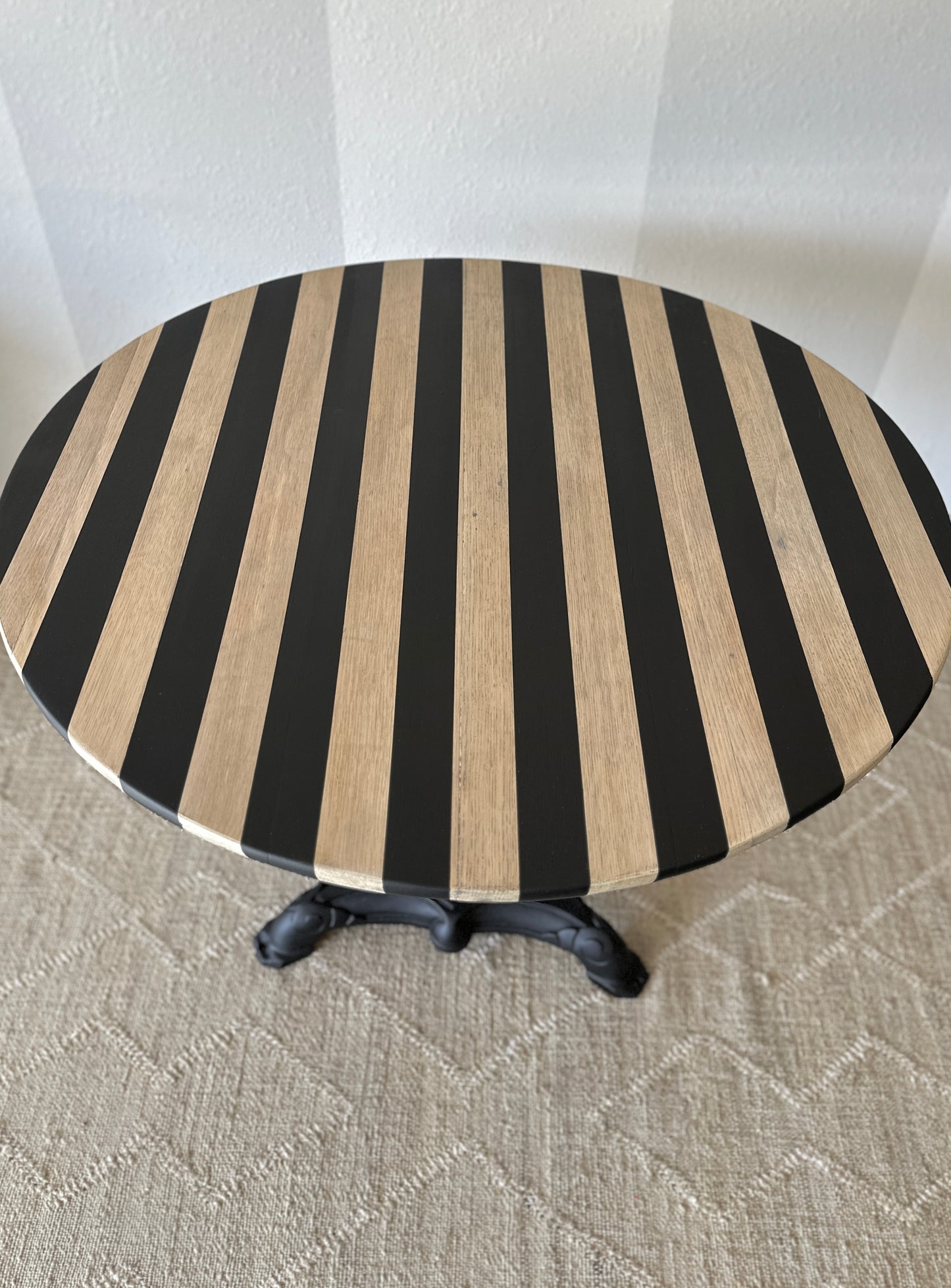Antique Cast Iron Cafe Table; Refinished Striped Top