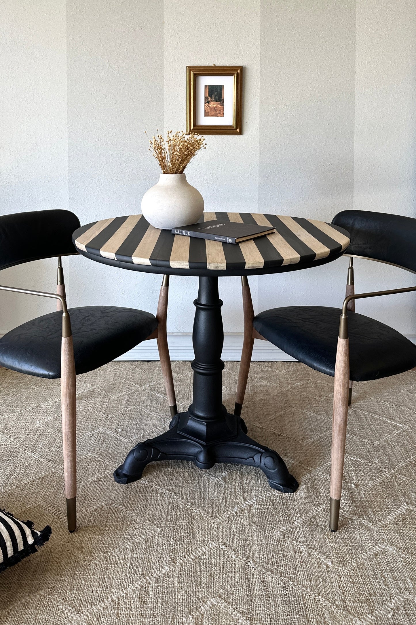Antique Cast Iron Cafe Table; Refinished Striped Top