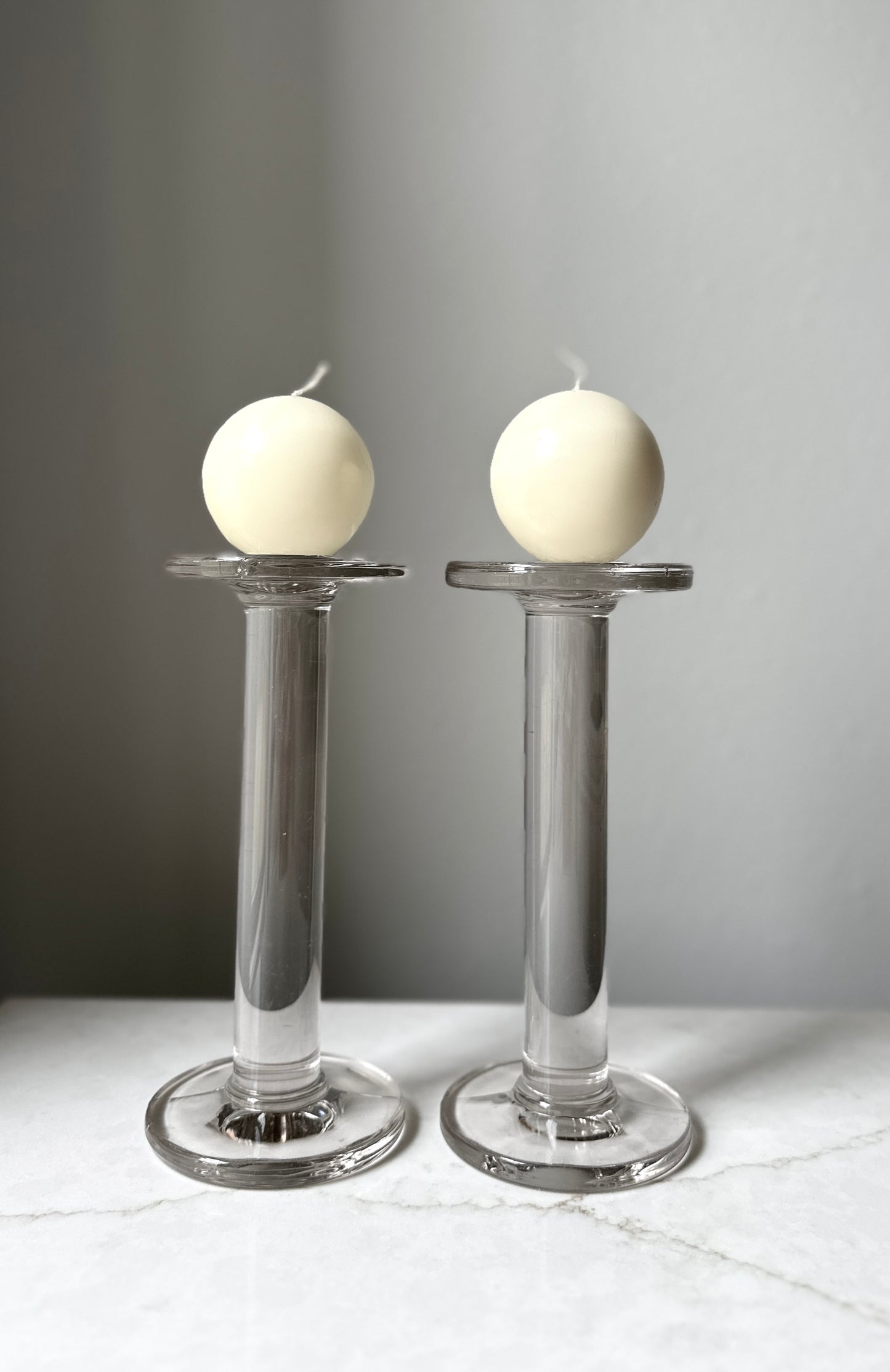 Glass Pedestal Pillar Pair, Mid-Century Candle Holders