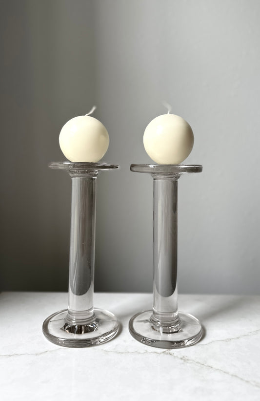 Glass Pedestal Pillar Pair, Mid-Century Candle Holders