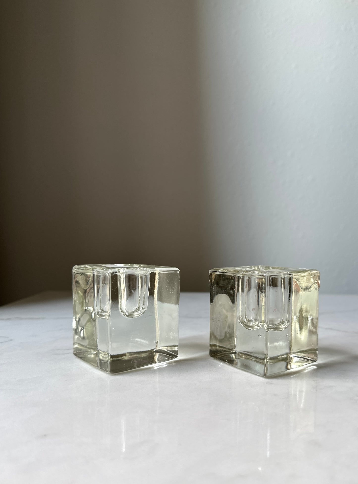 ‘Ice’ Cube Vintage Glass Candleholder Pair