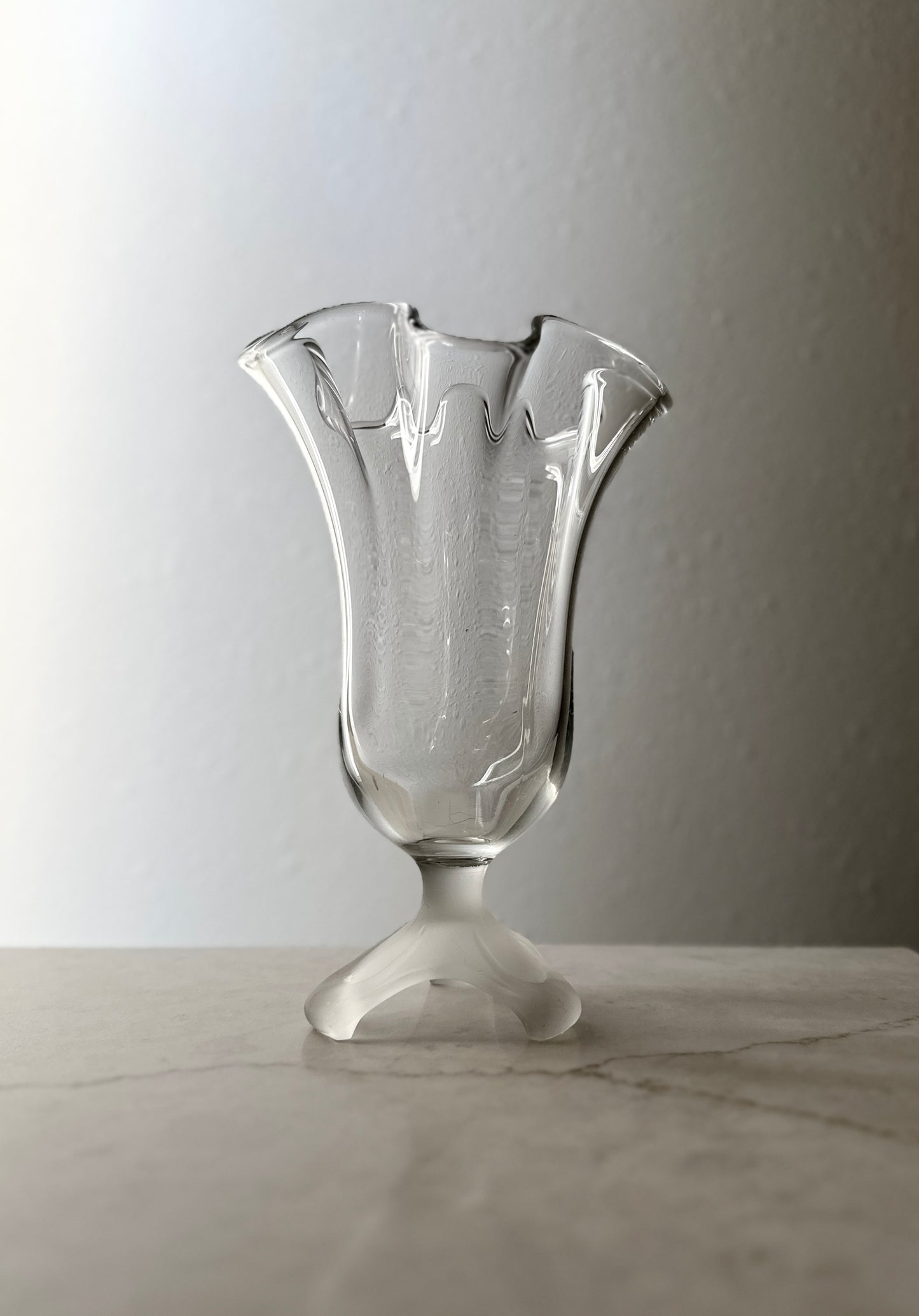 Vintage Glass Ruffled Vase with Frosted Footed Base