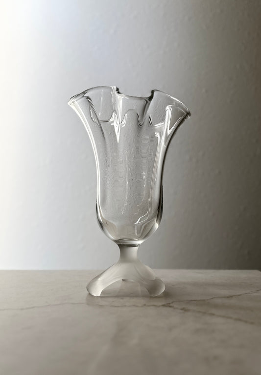 Vintage Glass Ruffled Vase with Frosted Footed Base