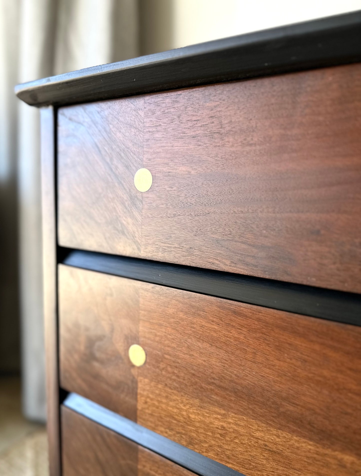 Mid-Century Refinished Walnut and Brass Dresser
