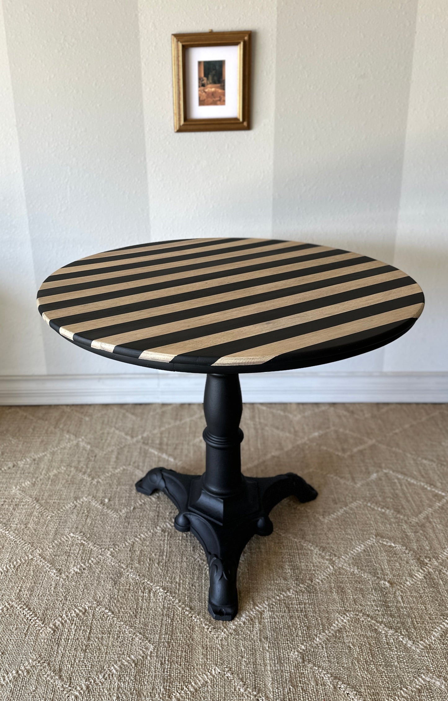 Antique Cast Iron Cafe Table; Refinished Striped Top