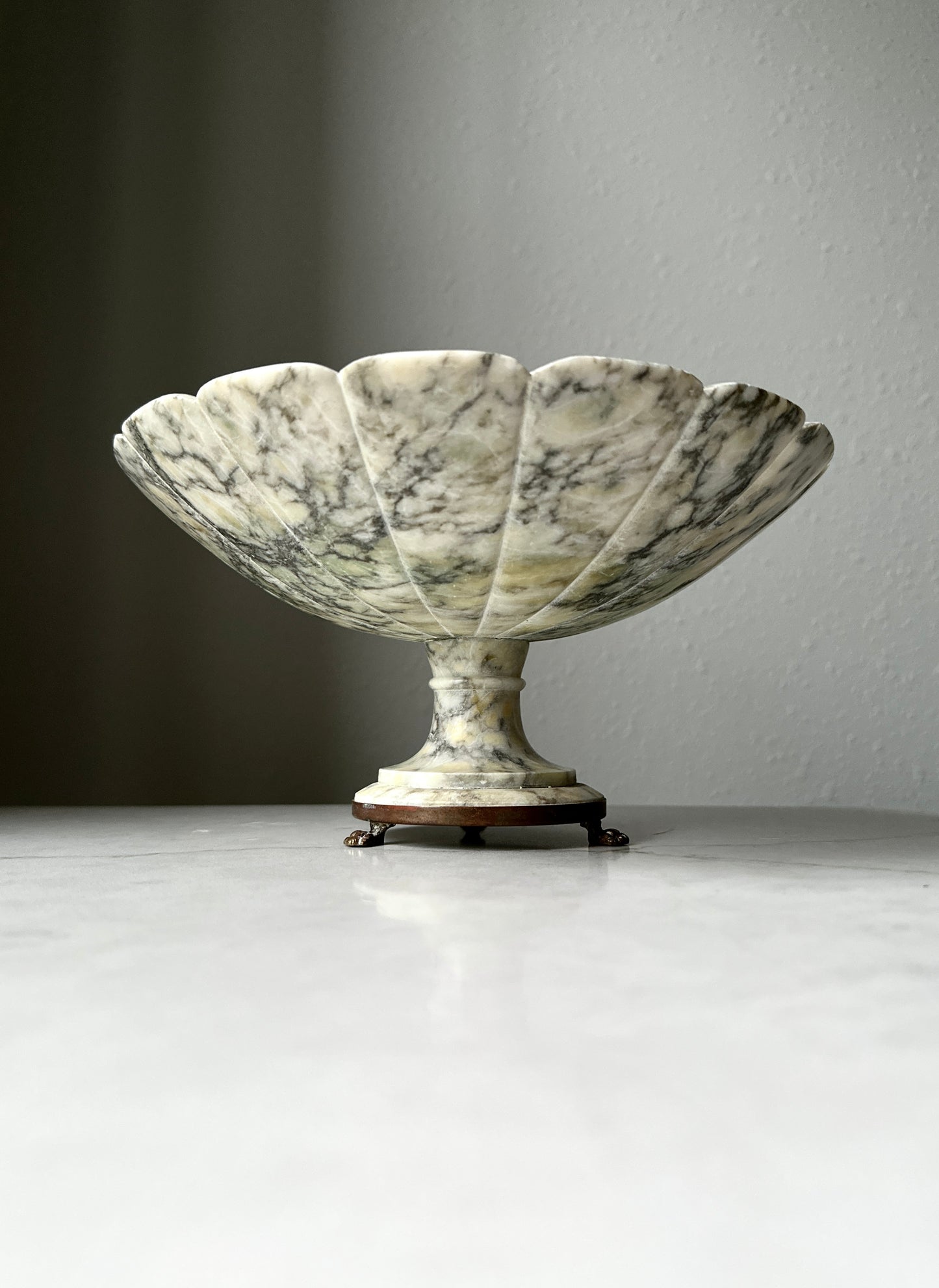 Antique Italian Alabaster Pedestal Compote Bowl with Brass Feet