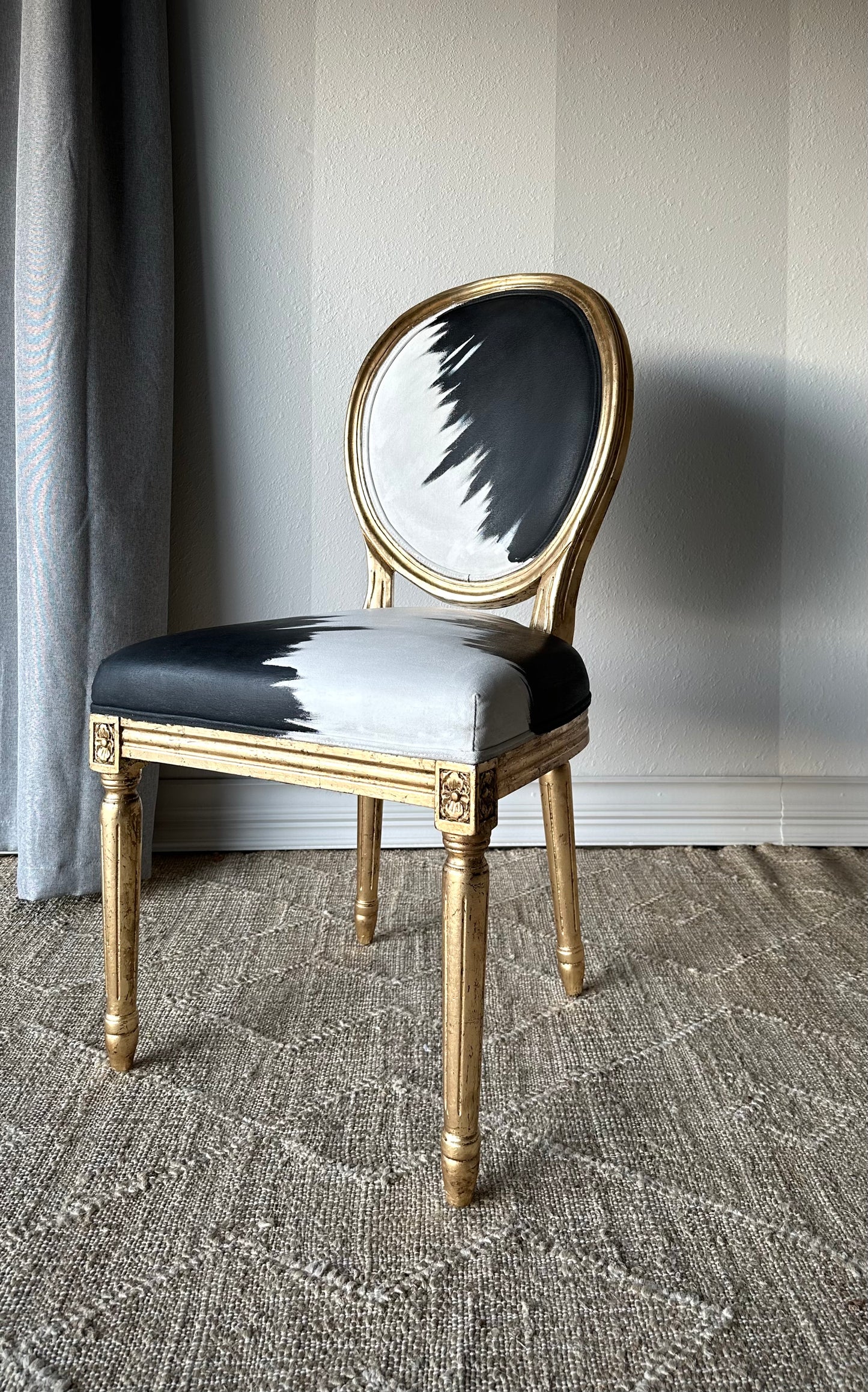 Handpainted and Antiqued Gold Leaf Accent Chair, Black and Ivory