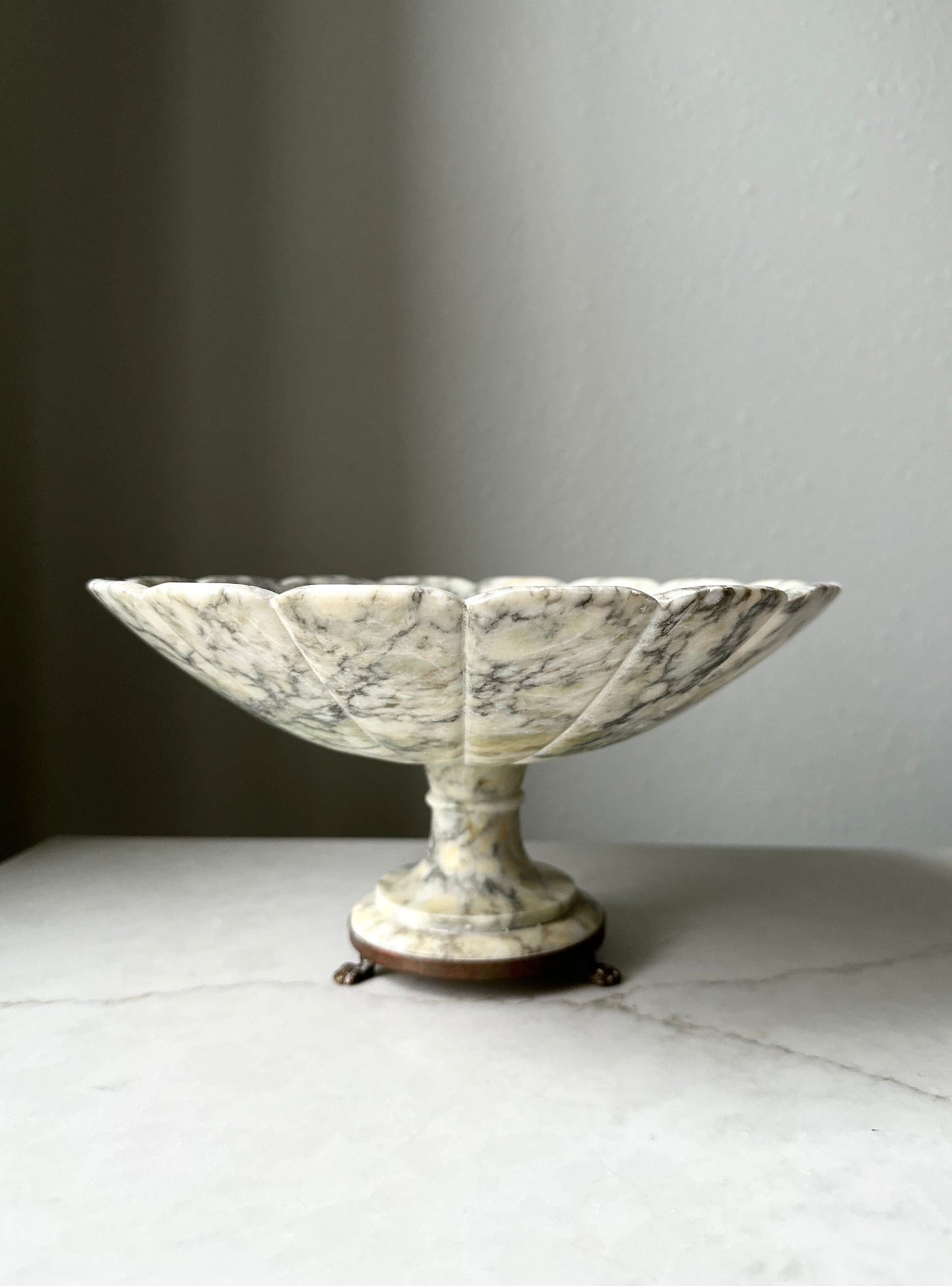 Antique Italian Alabaster Pedestal Compote Bowl with Brass Feet