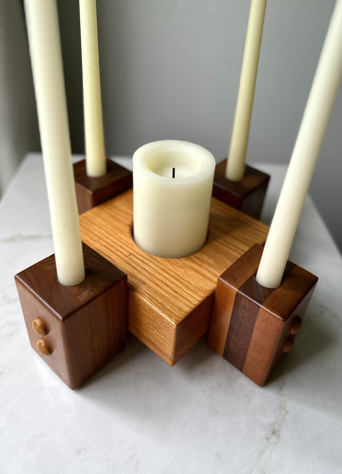 Unique Walnut & Oak Mid-Century Cube Centerpiece Candelabra