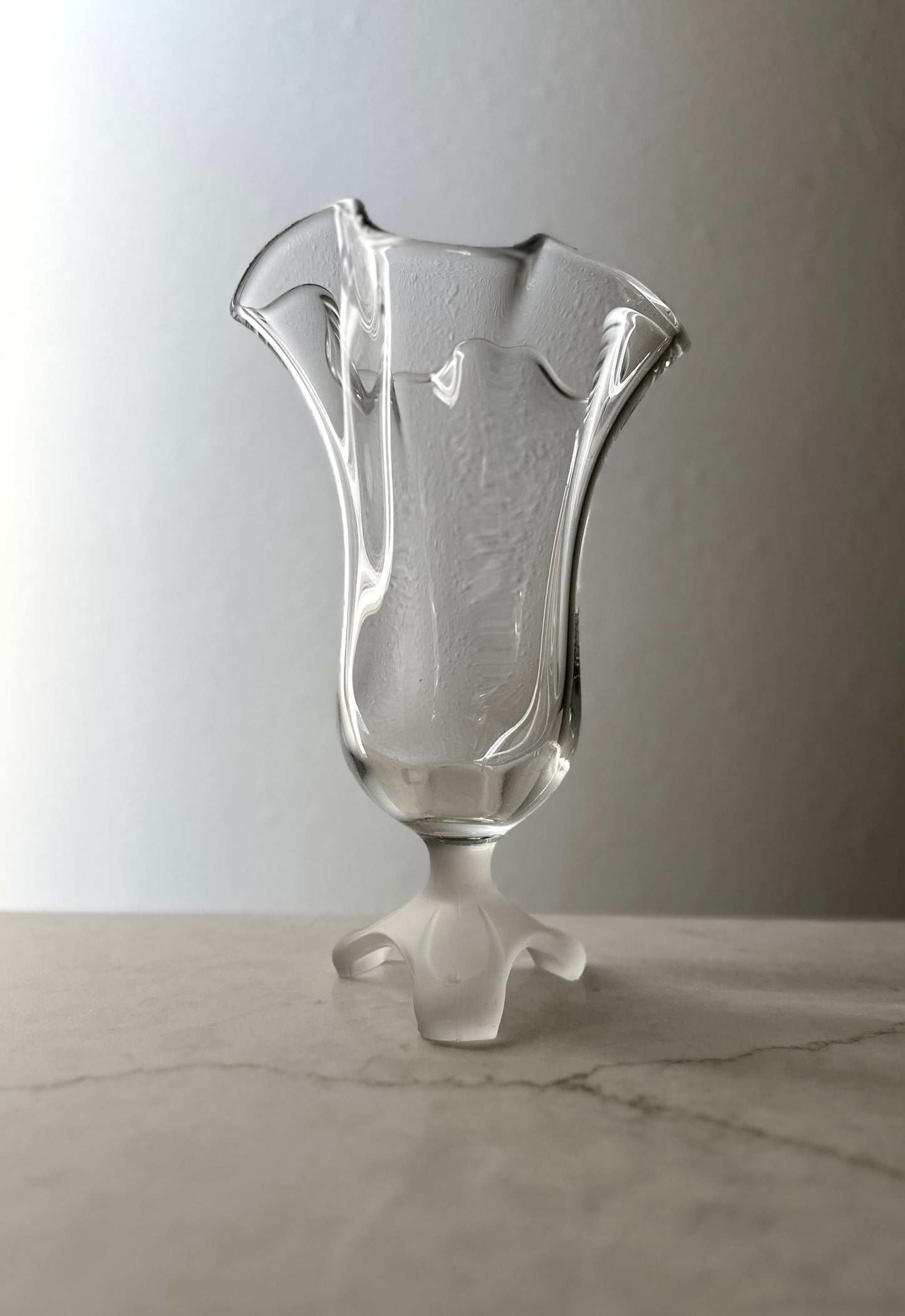 Vintage Glass Ruffled Vase with Frosted Footed Base