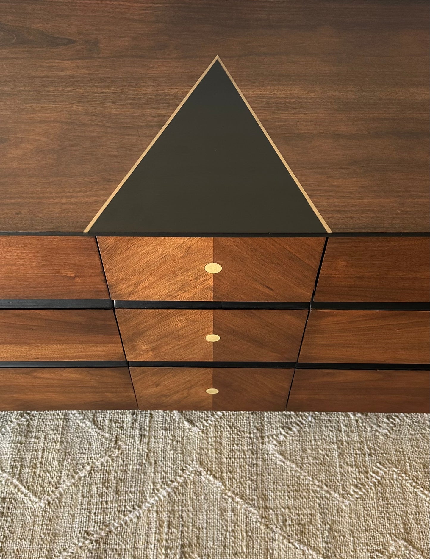 Mid-Century Refinished Walnut and Brass Dresser