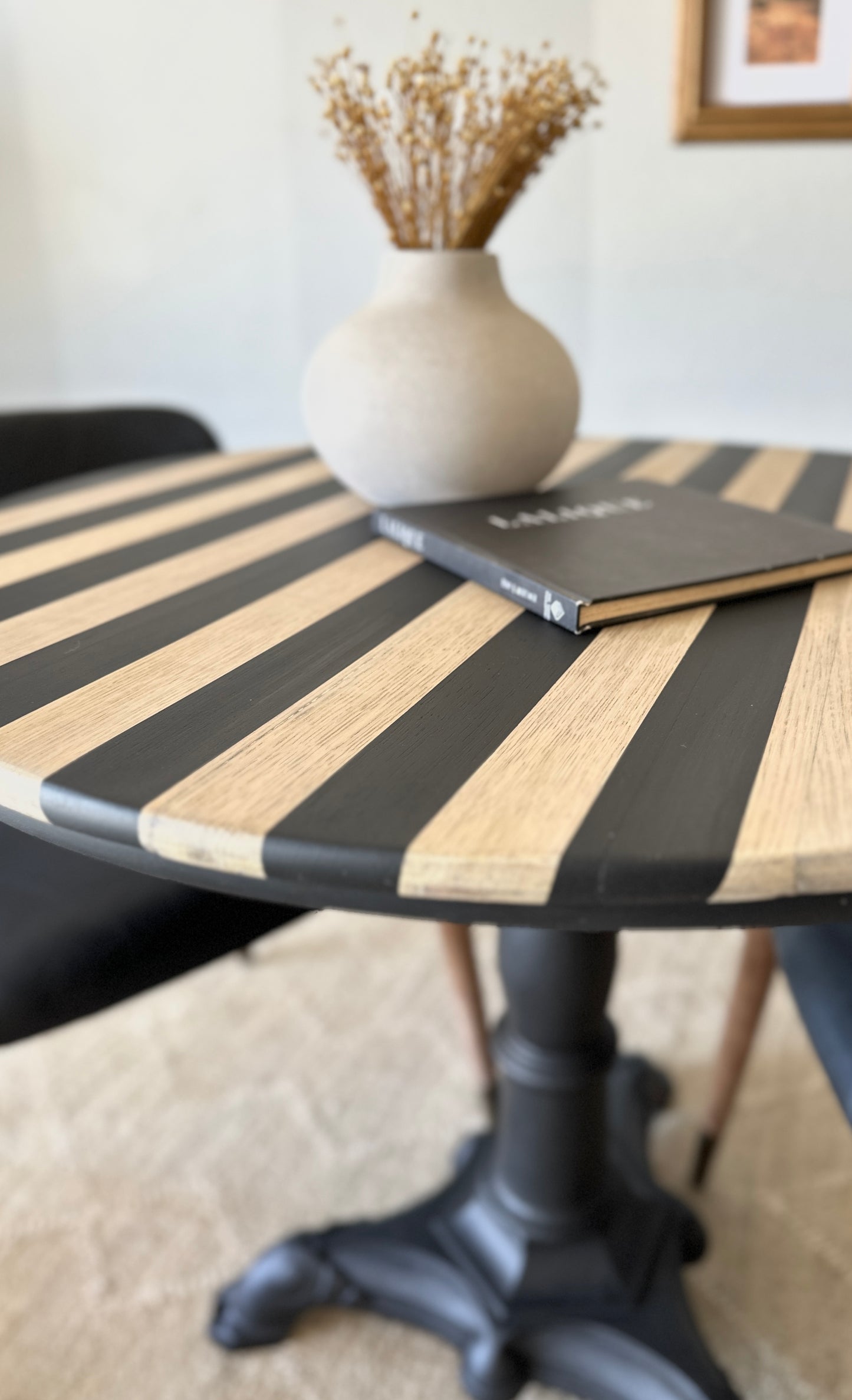 Antique Cast Iron Cafe Table; Refinished Striped Top