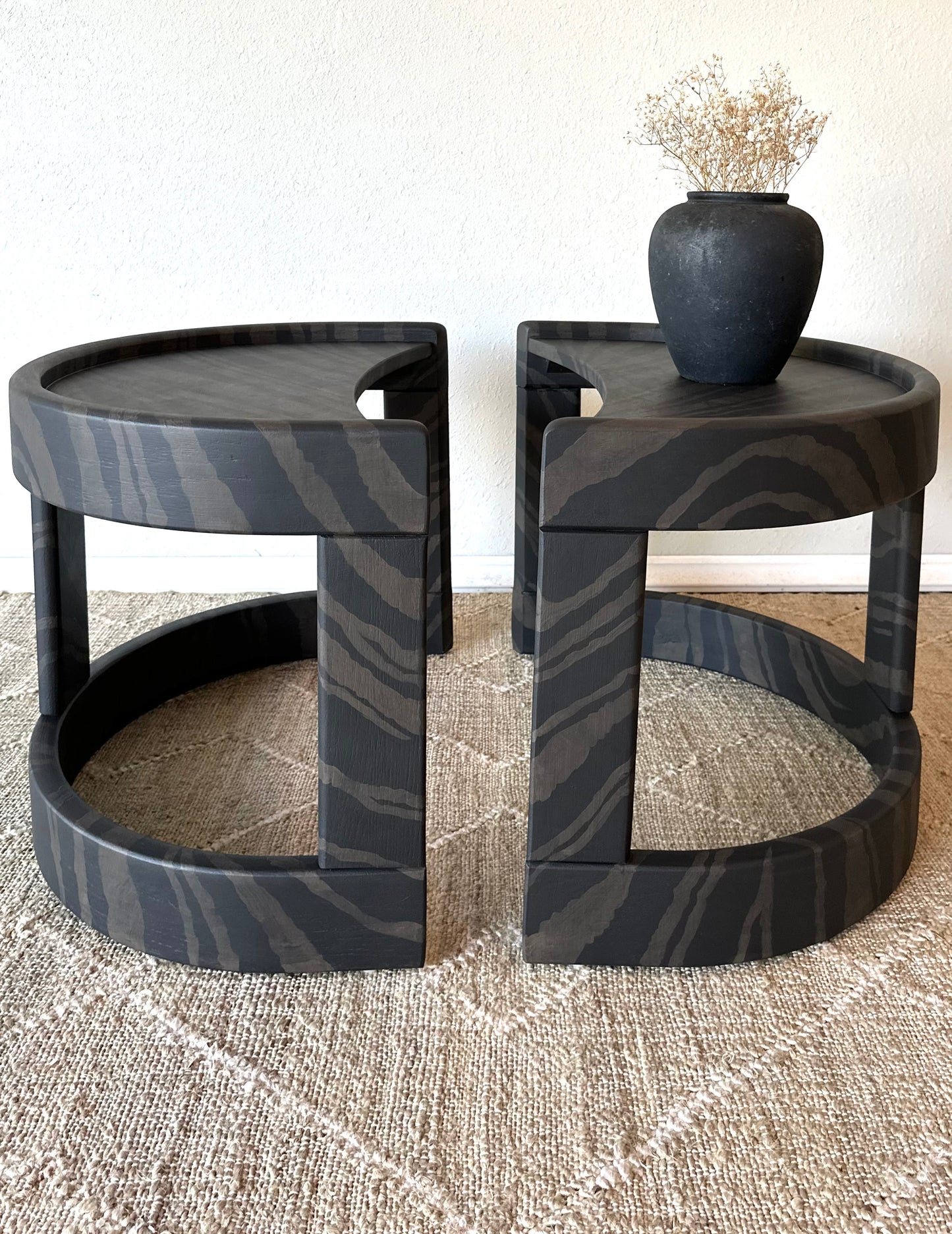 Vintage Mod End Tables Reimagined in a Luxe Faux Bois