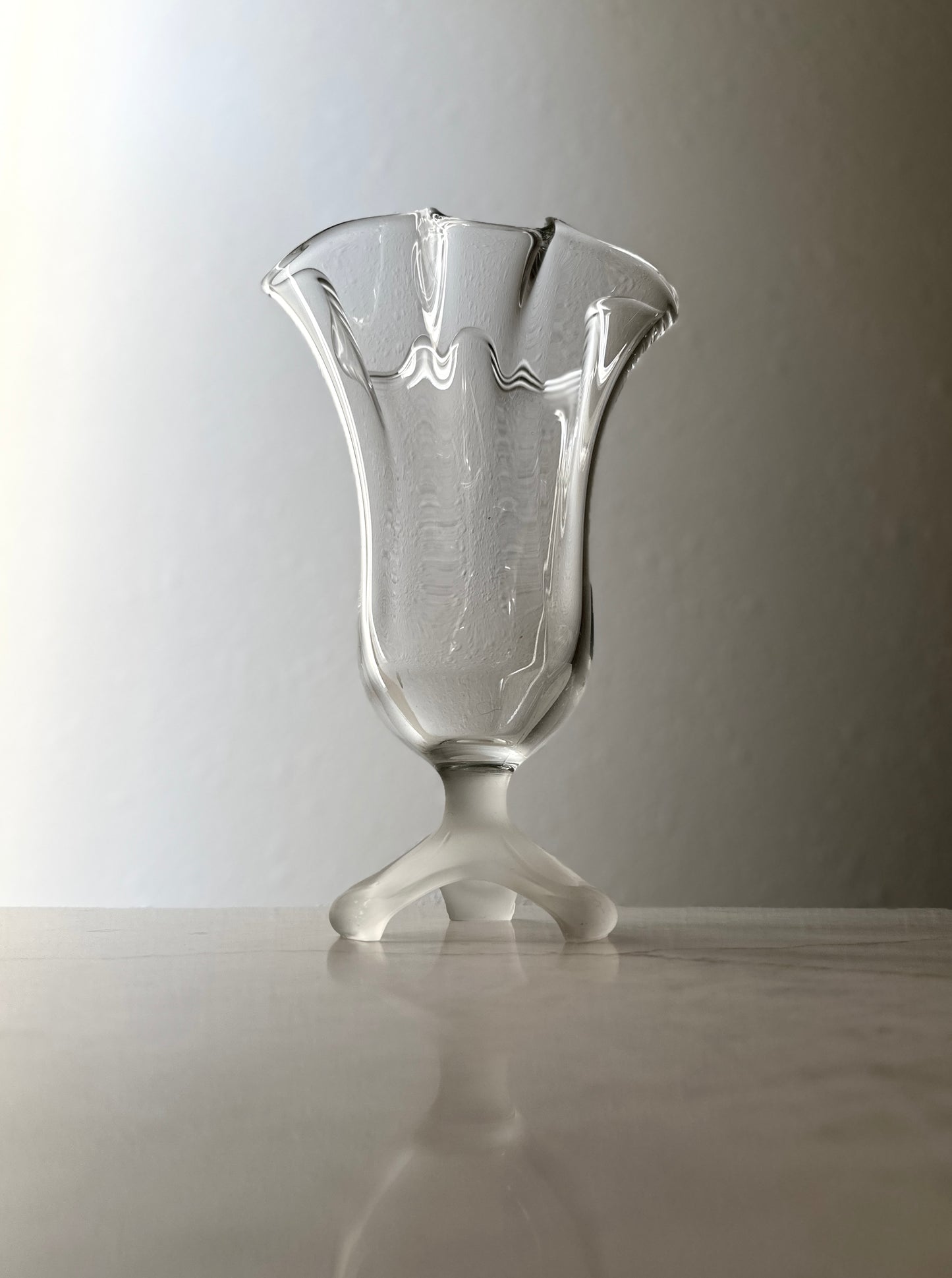 Vintage Glass Ruffled Vase with Frosted Footed Base