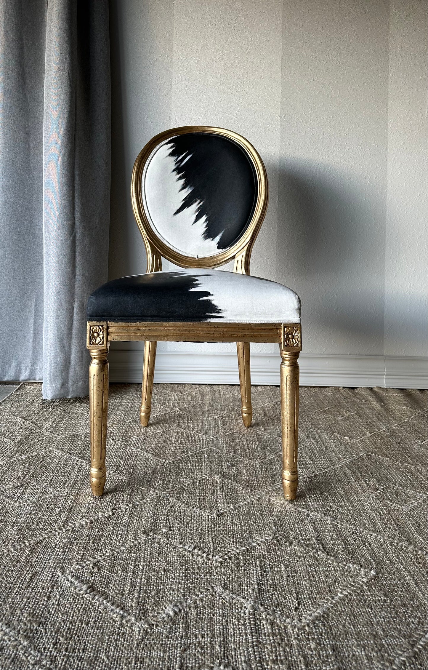 Handpainted and Antiqued Gold Leaf Accent Chair, Black and Ivory