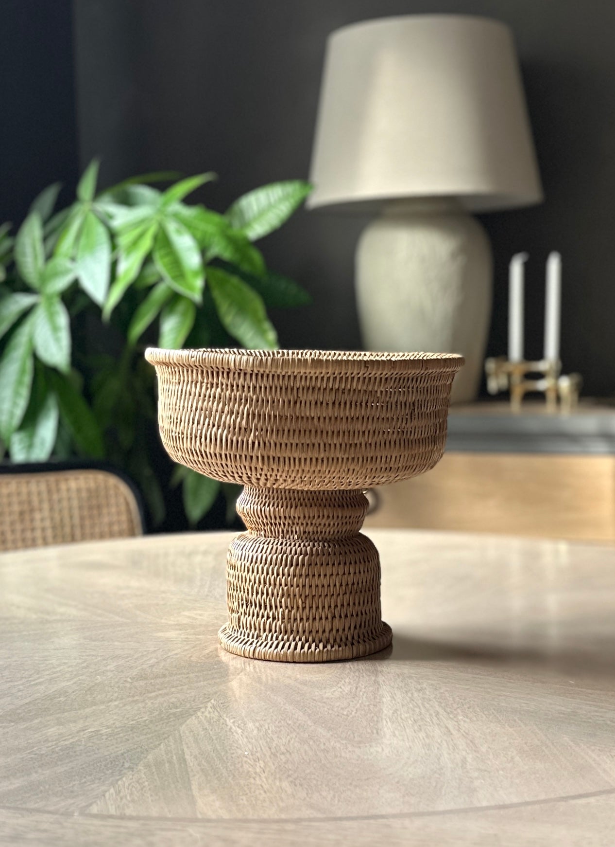 Pedestal Centerpiece Rattan Bowl