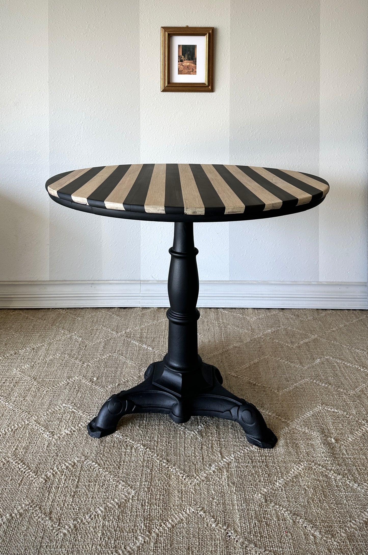 Antique Cast Iron Cafe Table; Refinished Striped Top