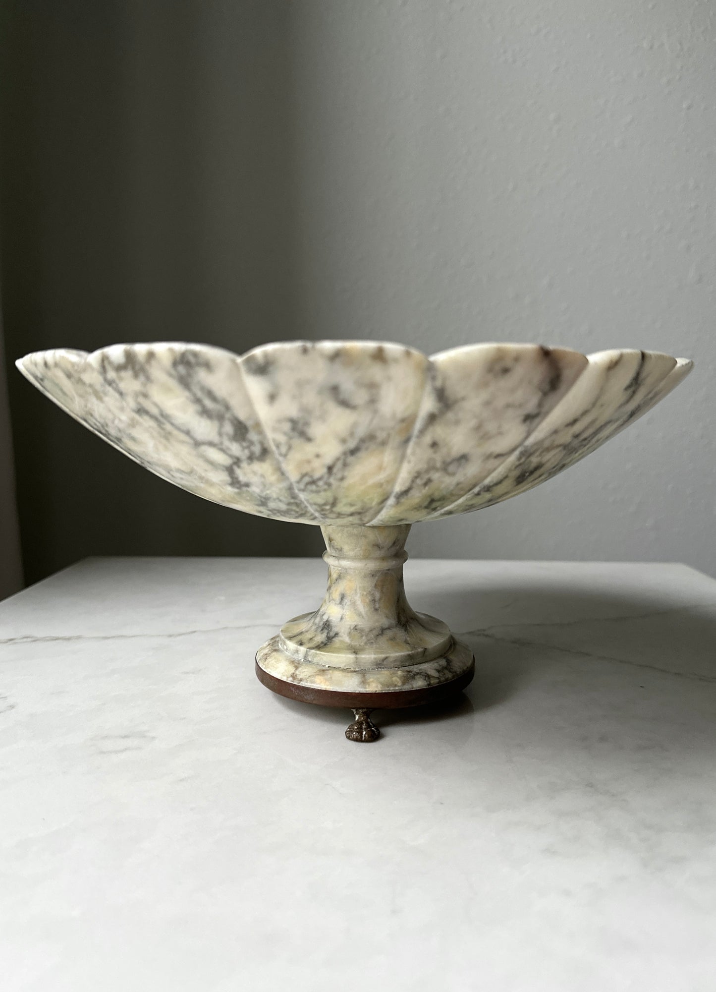 Antique Italian Alabaster Pedestal Compote Bowl with Brass Feet