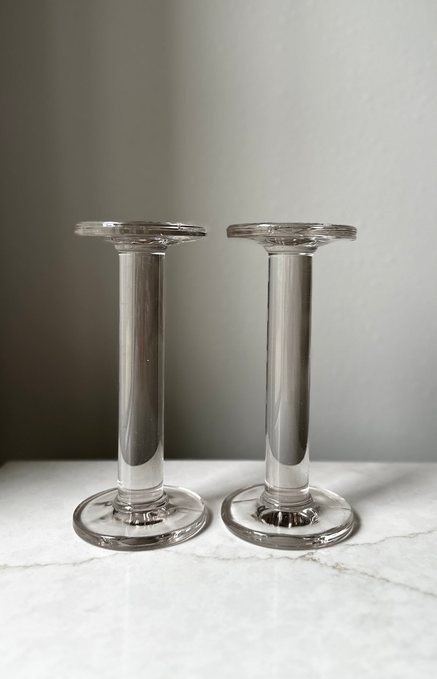 Glass Pedestal Pillar Pair, Mid-Century Candle Holders